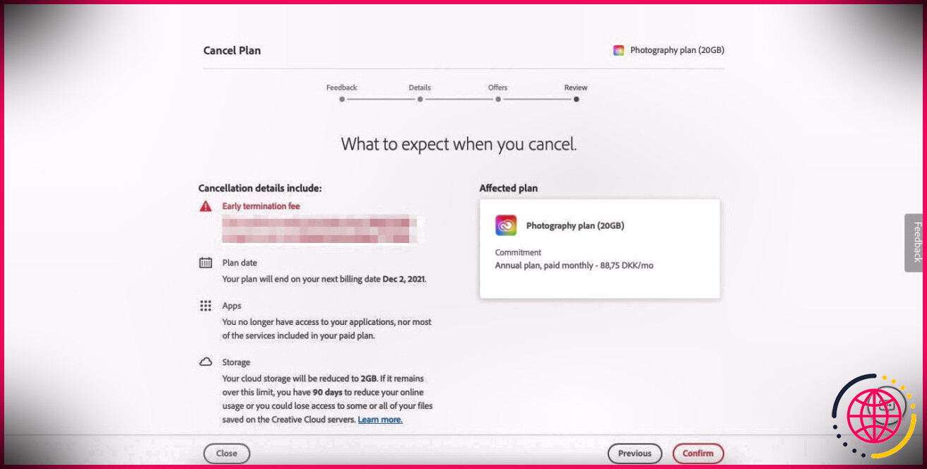 Capture d'écran montrant ce qui se passe lorsque vous annulez le plan Adobe sur la page de révision