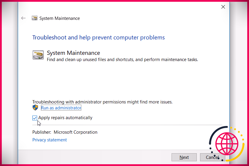Exécution de l'utilitaire de résolution des problèmes de maintenance du système sous Windows