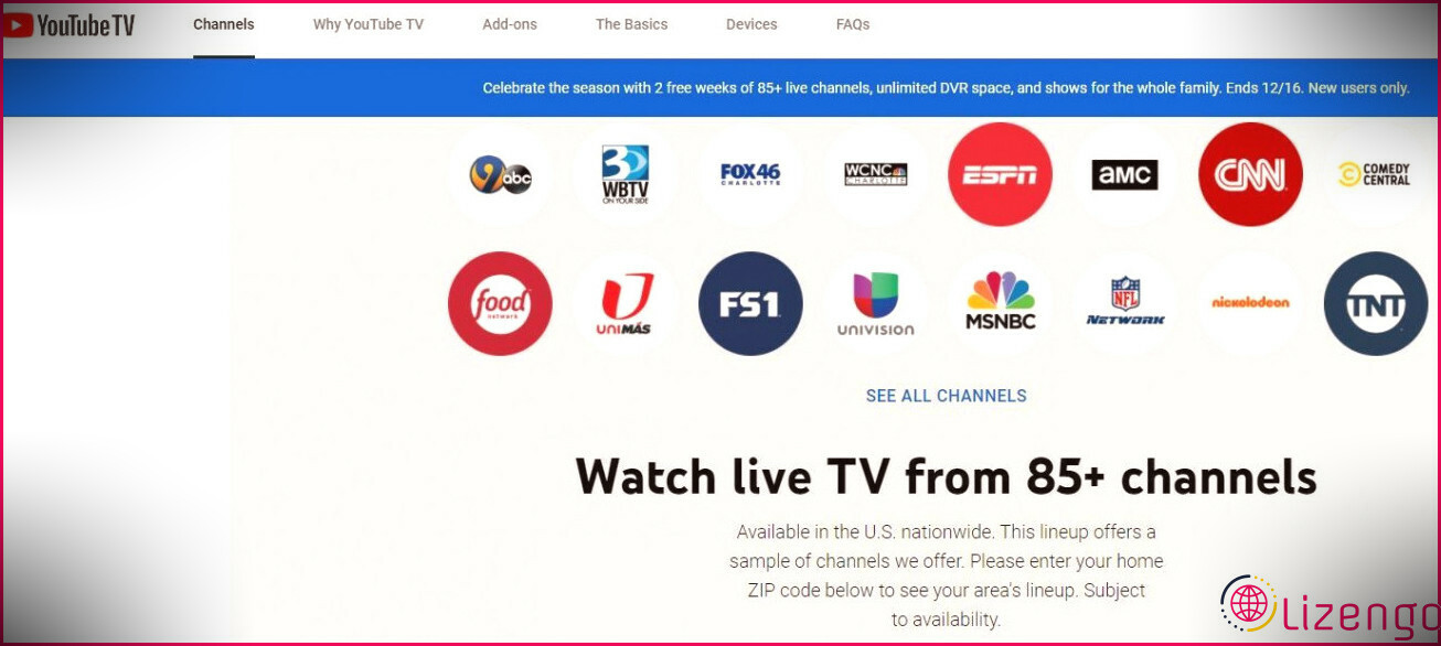 Page d'accueil YouTubeTV avec quelques chaînes disponibles 