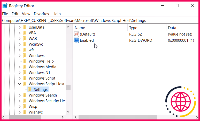 Activation de l'hôte de script Windows via l'éditeur de registre
