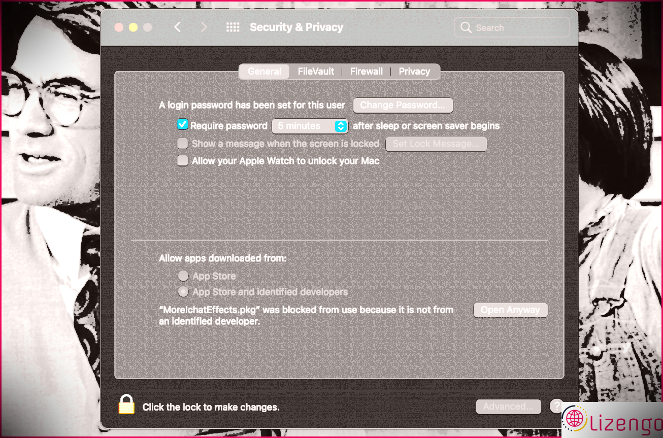 La fenêtre Sécurité et confidentialité dans les Préférences Système s'ouvre avec l'avertissement du développeur MoreIchatEffects