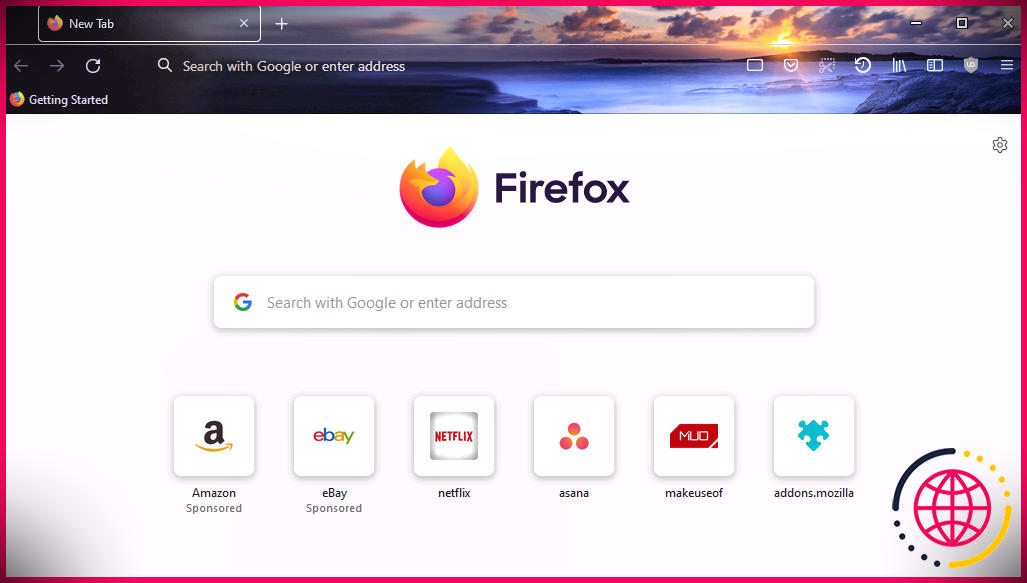 Une capture d'écran de Mozilla Firefox avec le thème Sunset Foggy Sea activé