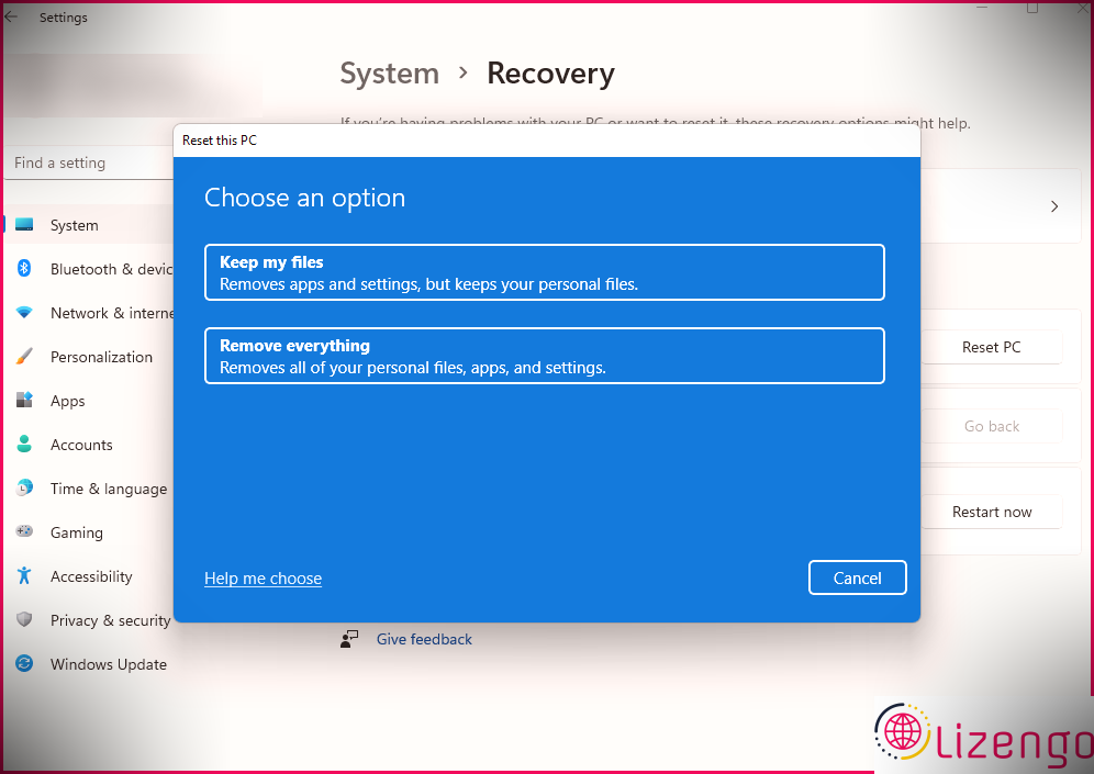 Choisissez si vous souhaitez conserver ou supprimer les fichiers personnels lors de la réinitialisation de Windows