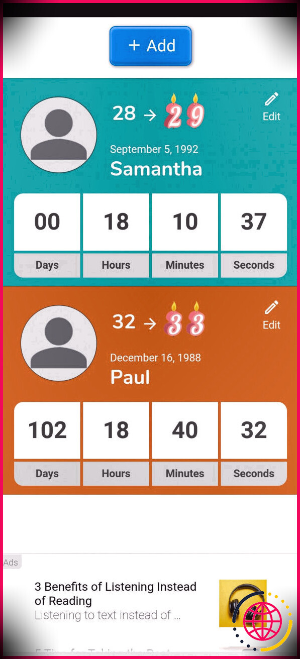 écran d'accueil de l'application de compte à rebours d'anniversaire