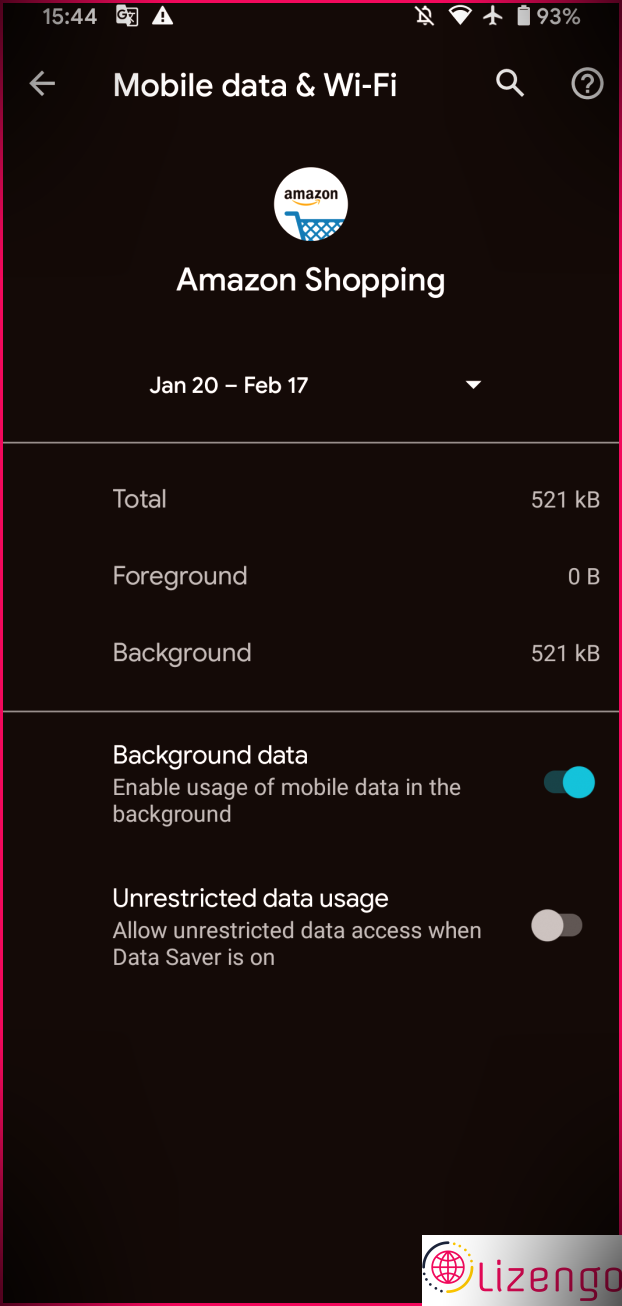 Paramètres d'utilisation des données de l'application Android