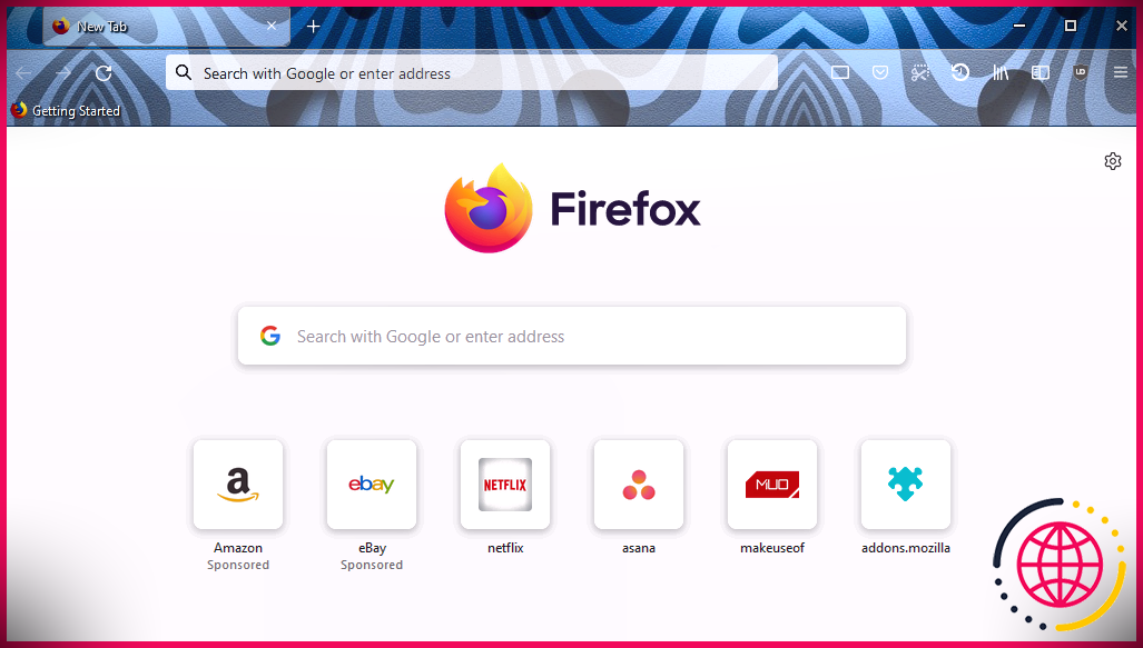 Une capture d'écran de Mozilla Firefox avec le thème Zebra Abstract activé