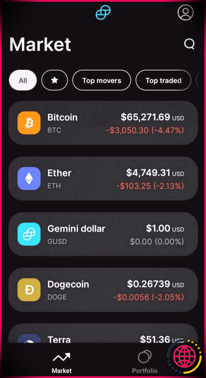capture d'écran des prix des devises de l'application gemini