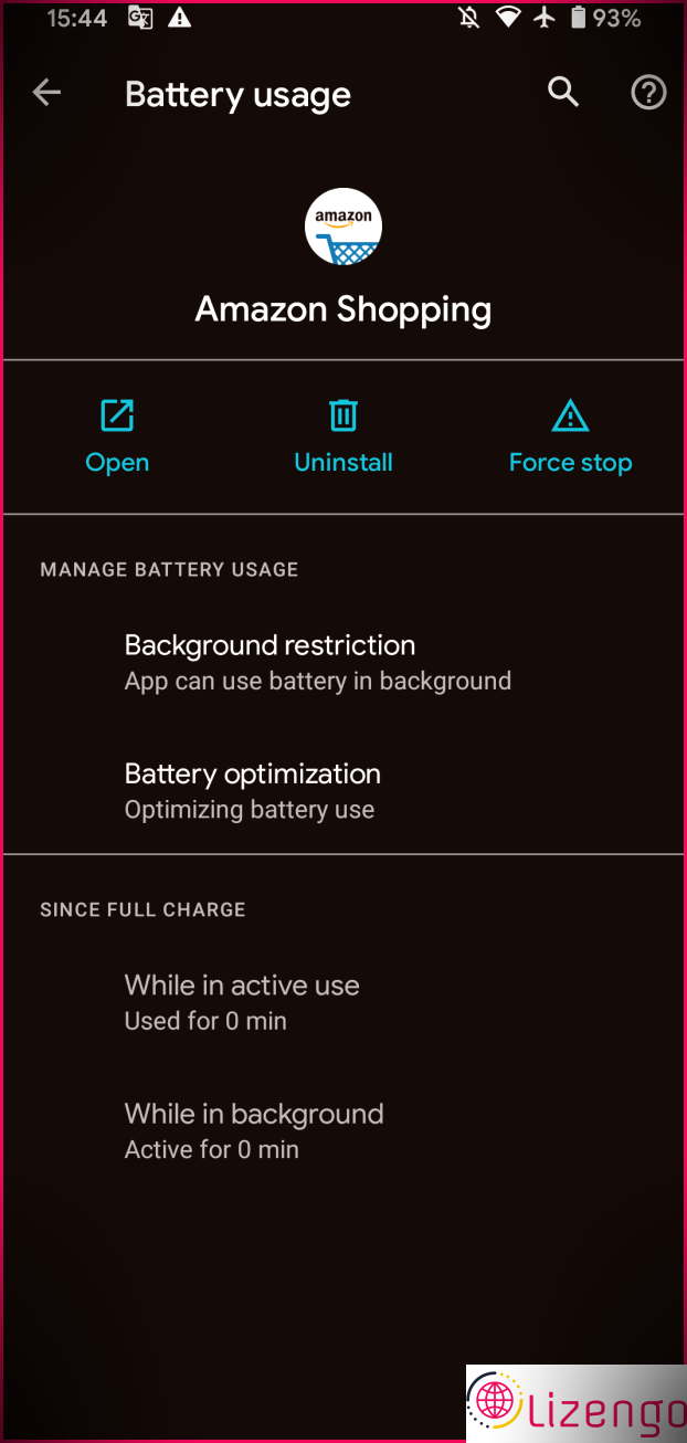 Menu de l'application de la batterie Android