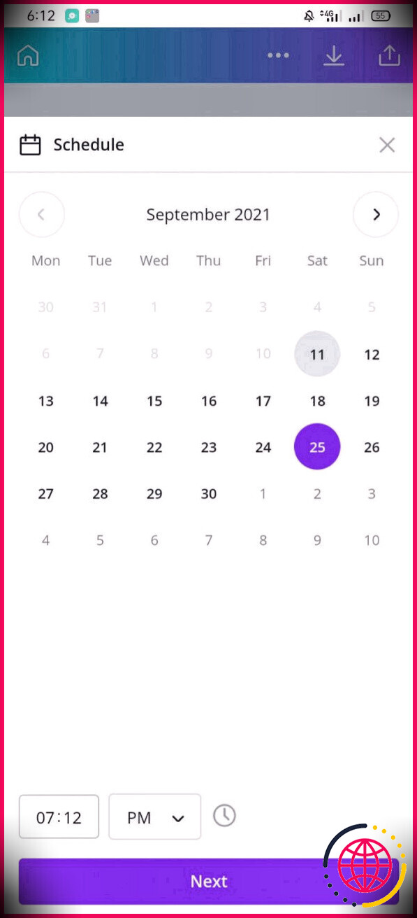Sélection de la date et de l'heure de planification du contenu dans l'application mobile Canva