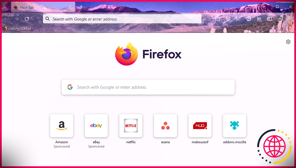 Une capture d'écran de Mozilla Firefox avec le thème Dreamtime Mountains activé