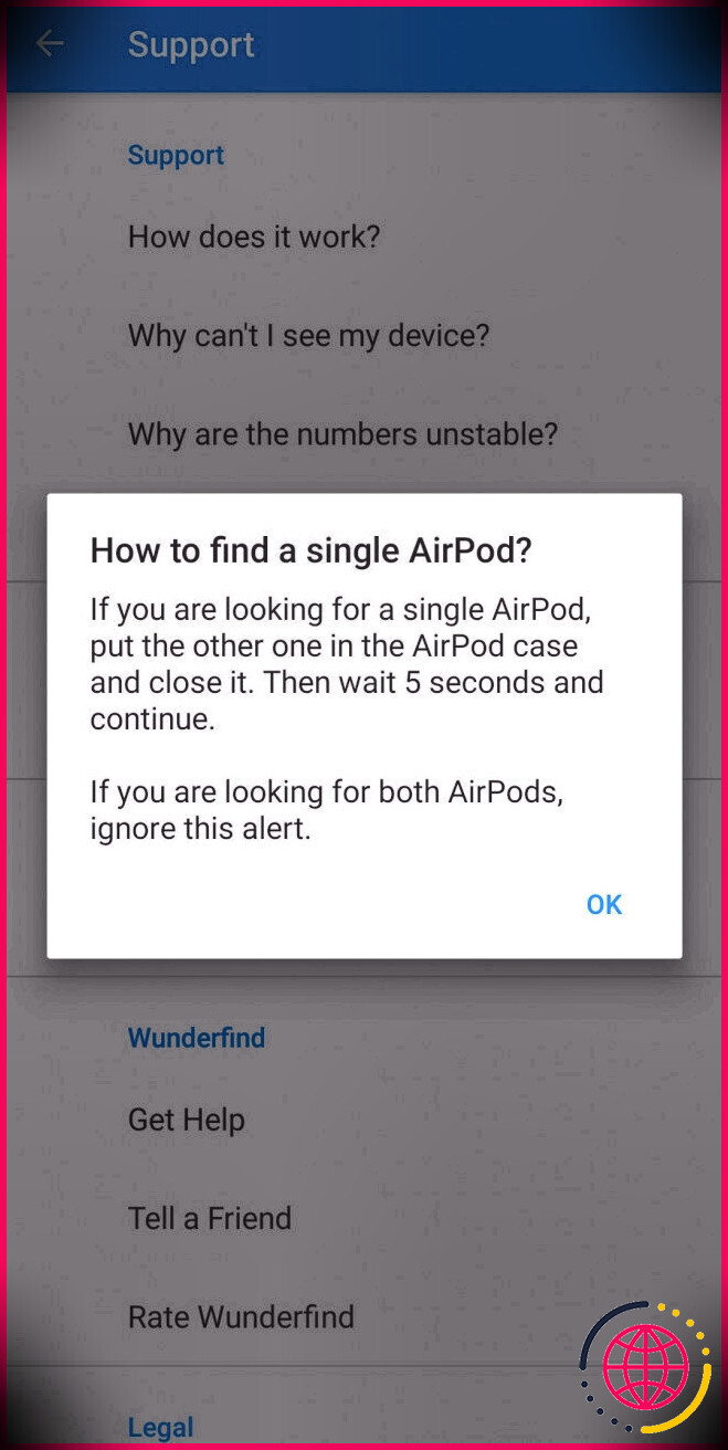 Application Wunderfind montrant des instructions pour trouver un AirPod