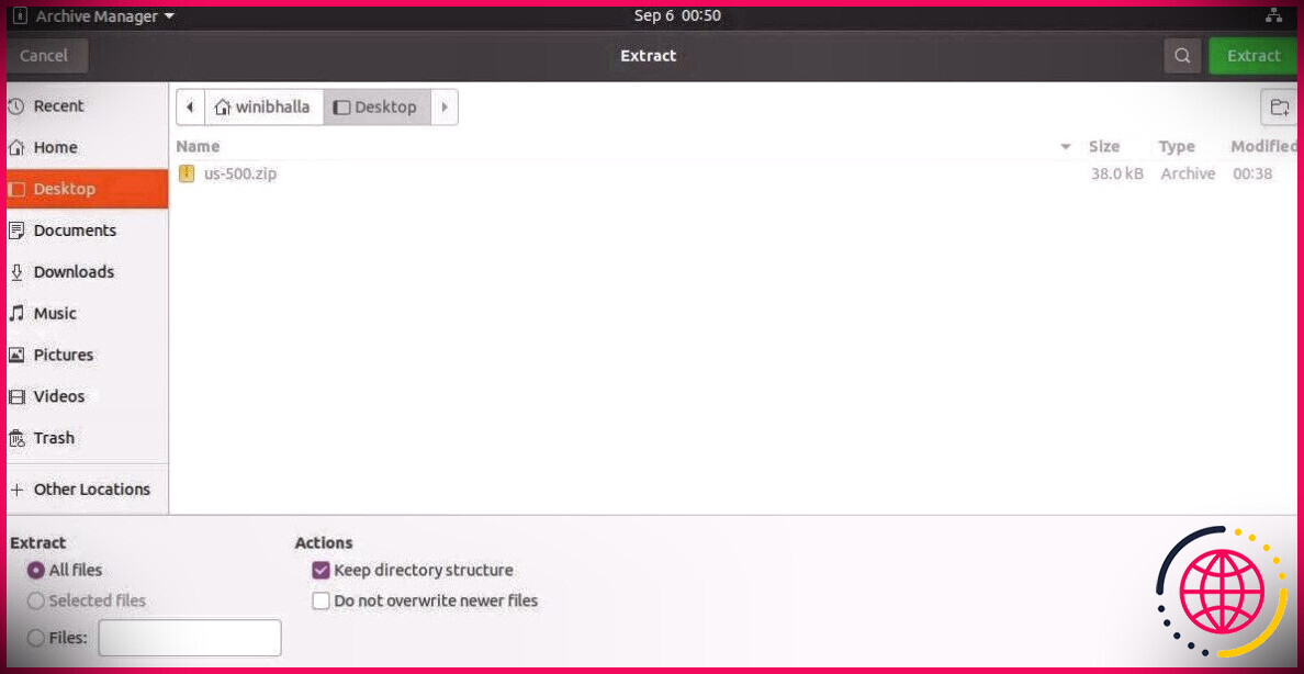 boîte de dialogue d'extraction dans Ubuntu