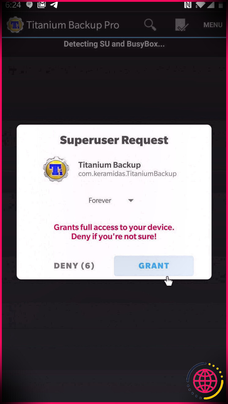 Capture d'écran de la demande de racine de sauvegarde Titanium