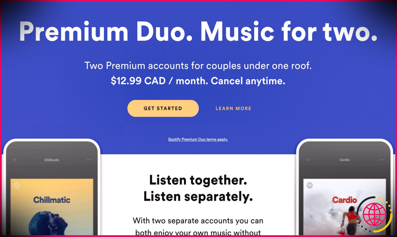 Capture d'écran de la page principale de Spotify Duo