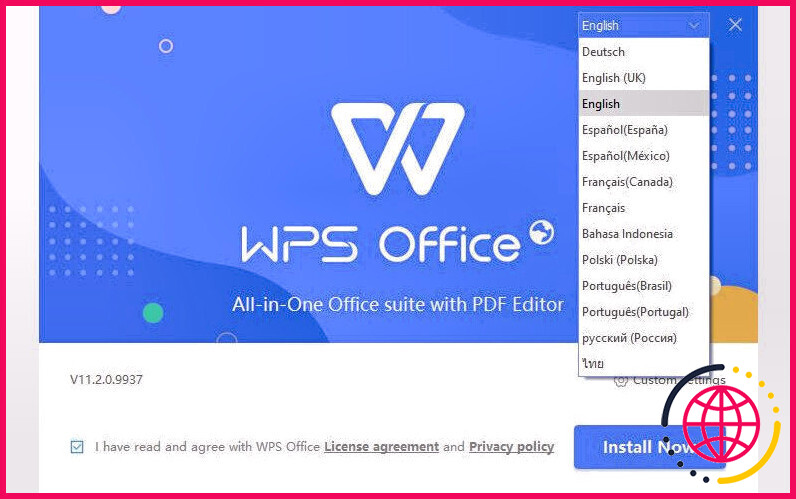 Capture d'écran de l'installation de WPS Office