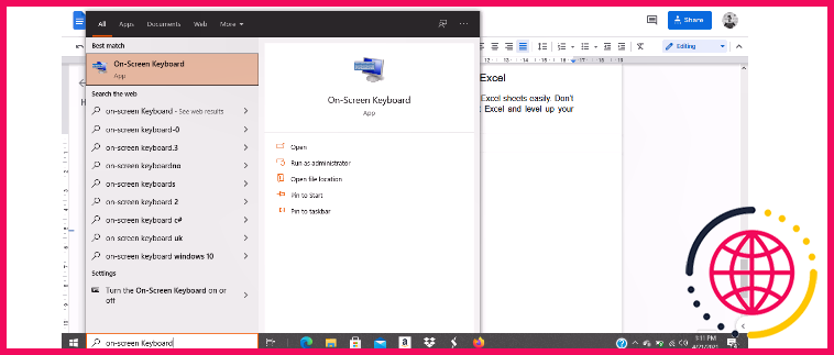 Capture d'écran de Windows montrant comment rechercher le clavier à l'écran