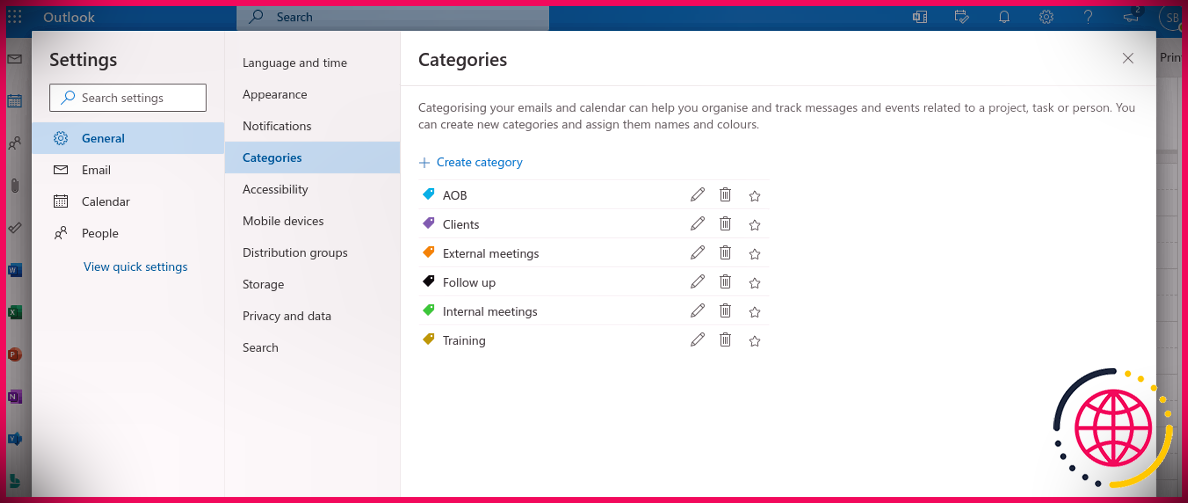 Capture d'écran des catégories Web Outlook