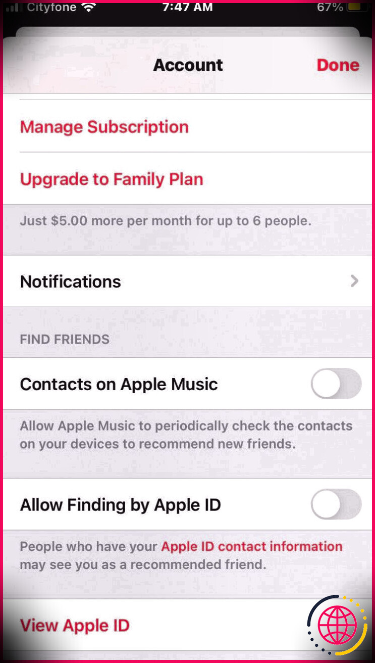 Capture d'écran des options du compte Apple Music