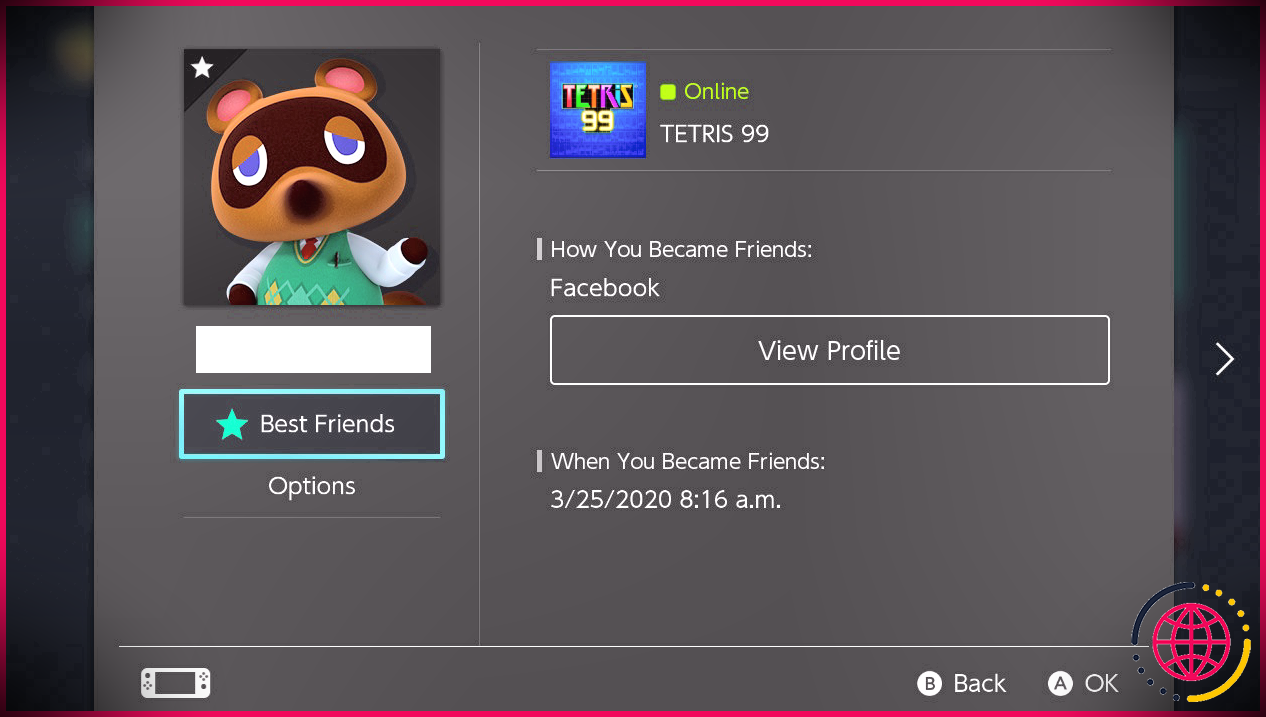 Capture d'écran d'un ami sur Switch Friend List