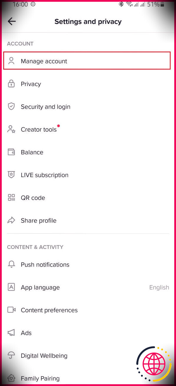 capture d'écran montrant la page de sécurité et de confidentialité de TikTok
