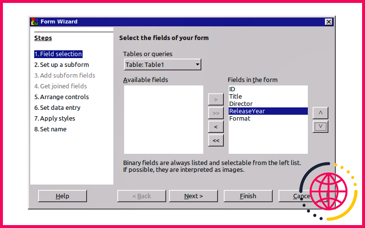 Choisir les champs de formulaire dans LibreOffice Base