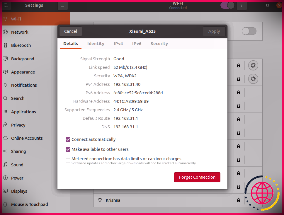 cliquez sur les paramètres pour afficher l'adresse IP d'ubuntu