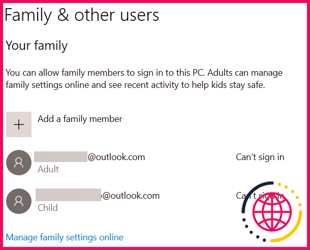 Écran des comptes familiaux sur Windows 10
