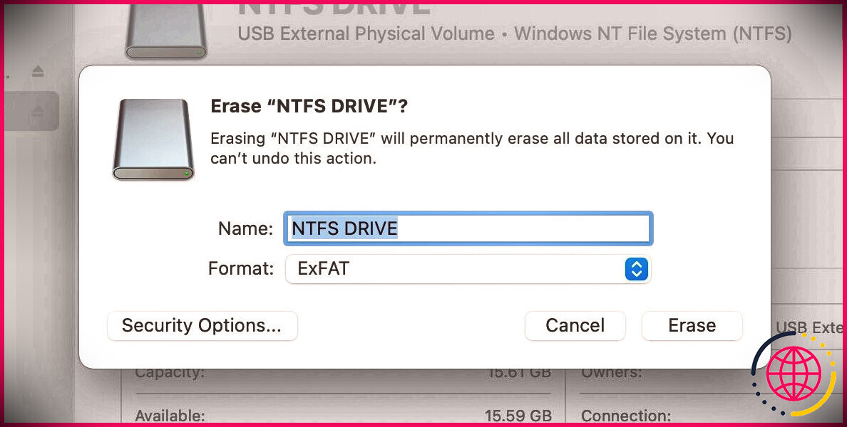 Fenêtre d'effacement de l'Utilitaire de disque avec le format ExFAT sélectionné