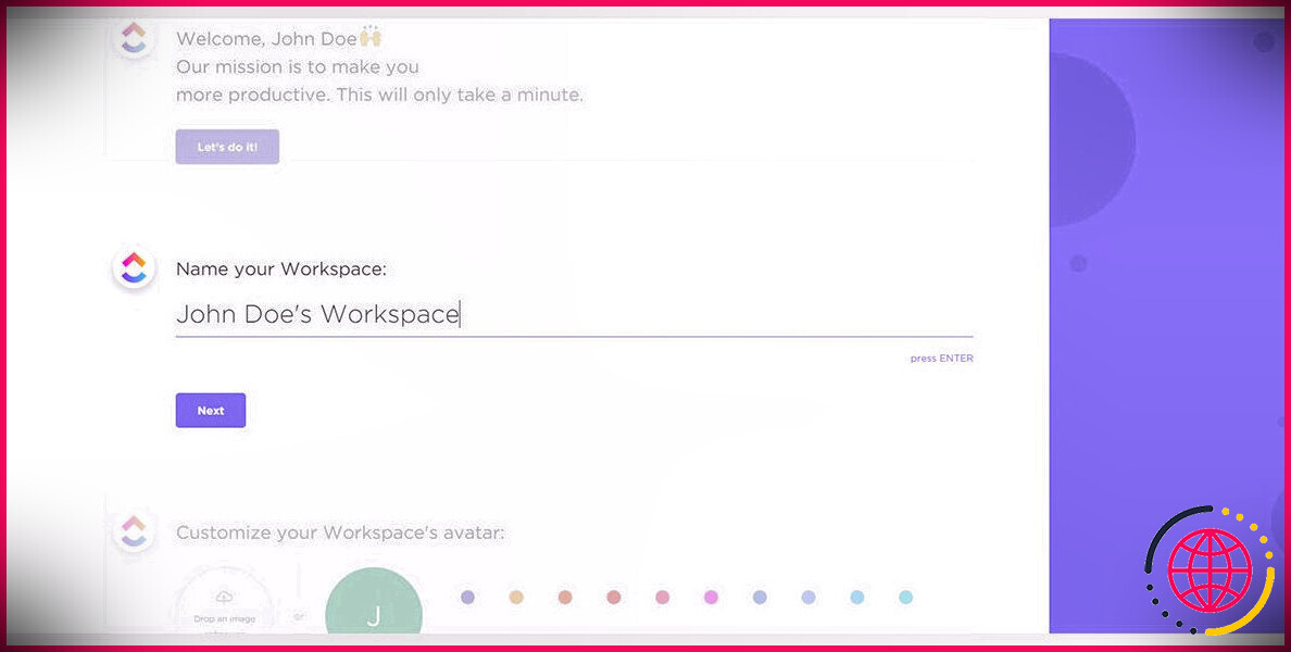 Illustration de la configuration de l'espace de travail ClickUp