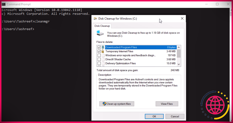 Le programme Windows Disk Cleanup, une application graphique lancée à partir d'une invite de commande
