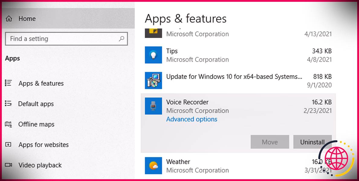 Liste des applications et fonctionnalités dans Windows 10