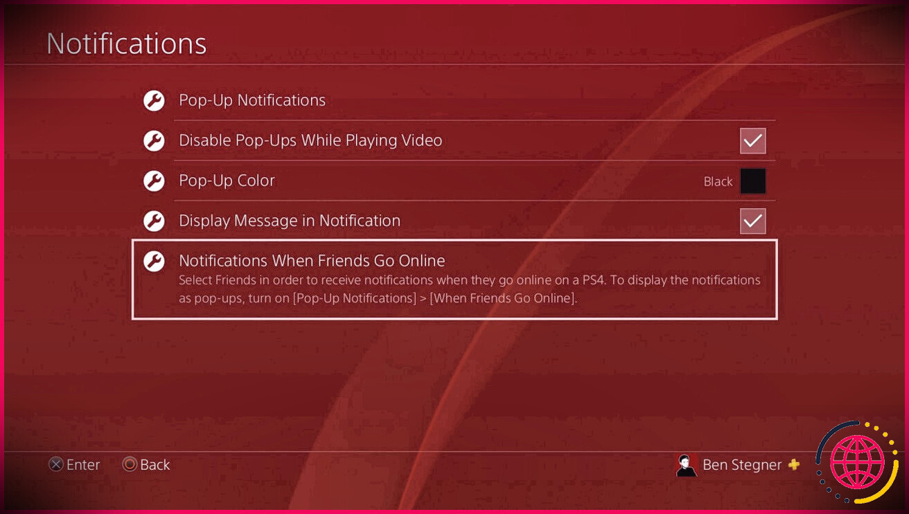 Menu des options de notification PS4