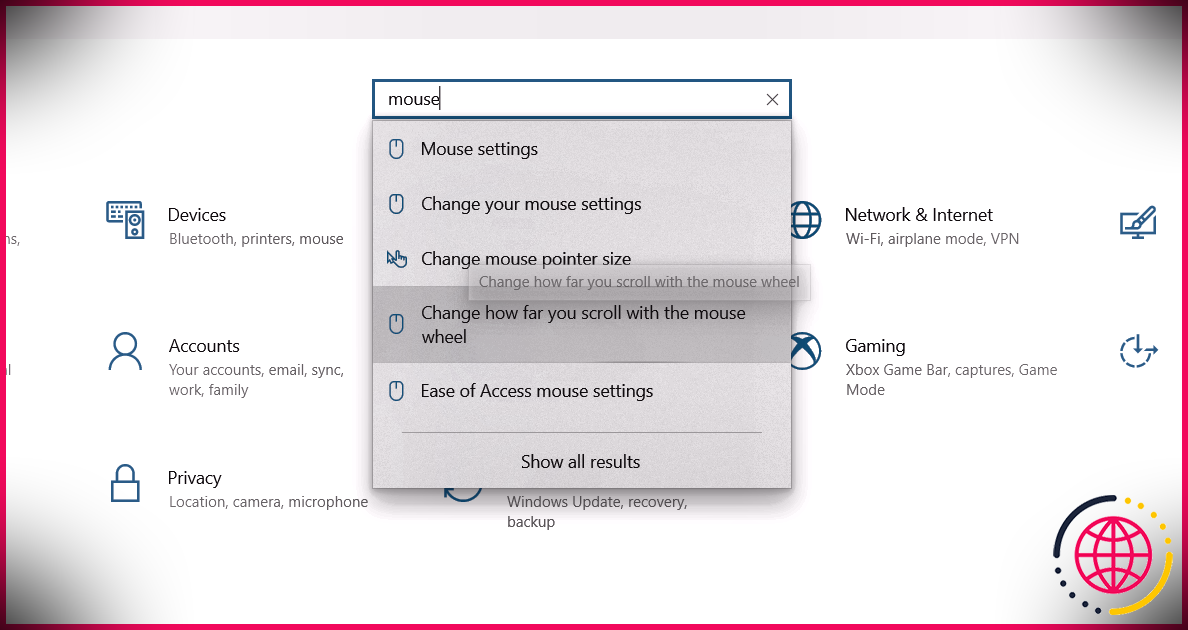 Modifier les paramètres de défilement de la souris dans Windows 10
