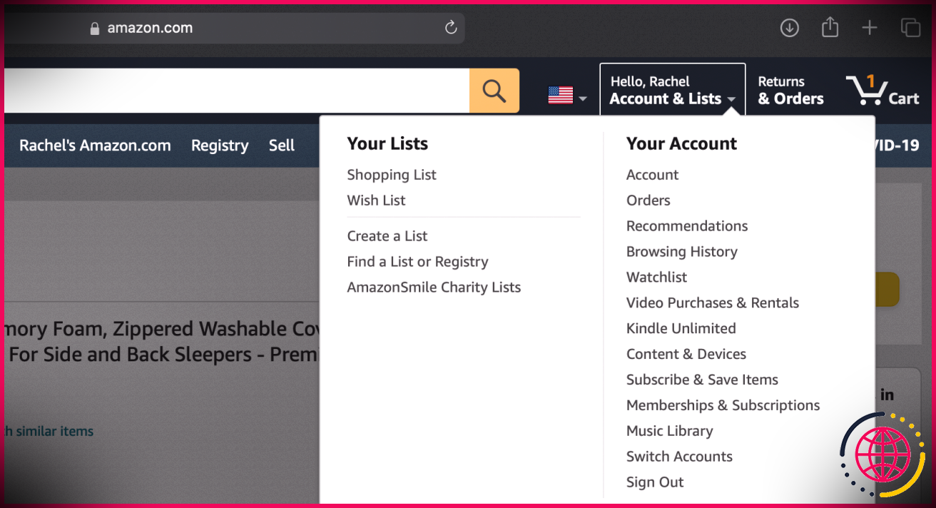 Option comptes et listes Amazon