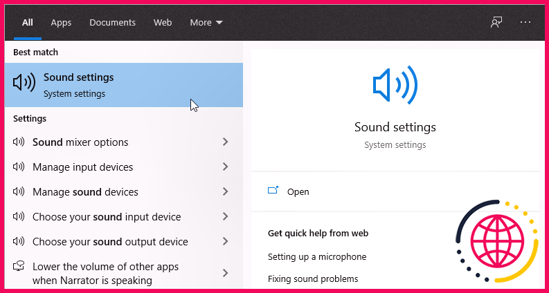 Ouverture des paramètres audio à l'aide de la barre de recherche Windows