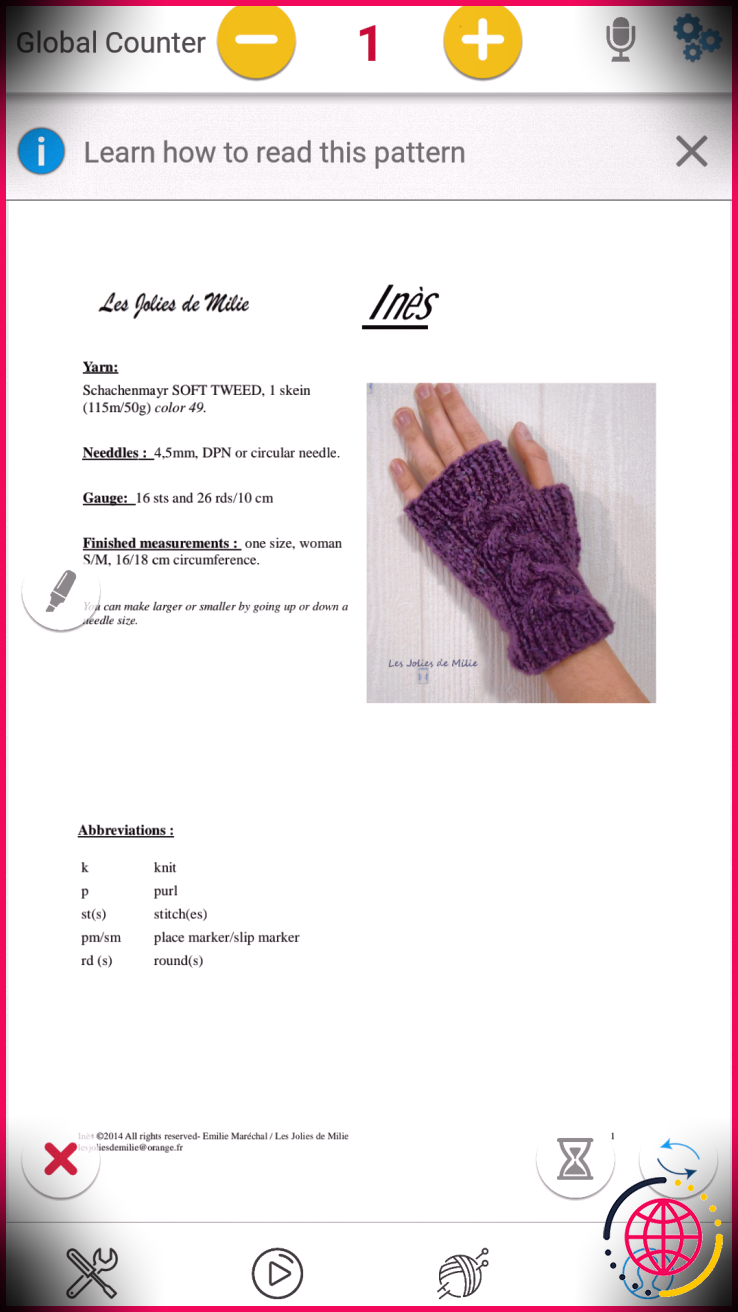 Patron de gants Knitting Genius App