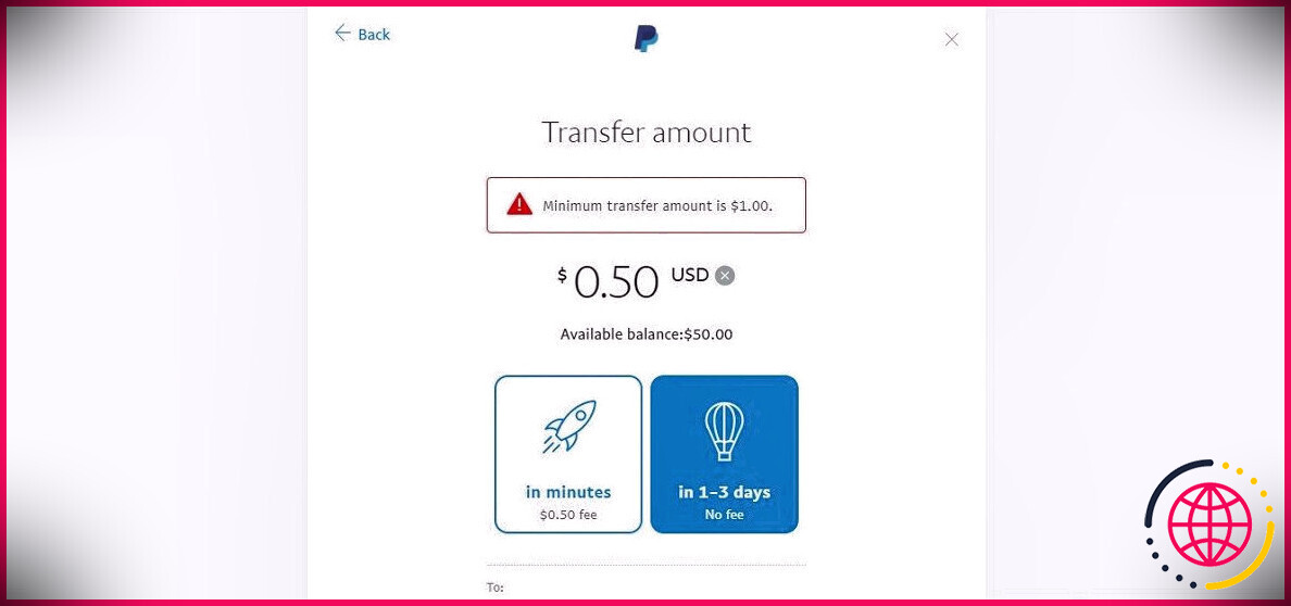 PayPal a un montant minimum de transfert et des frais pour les transferts instantanés