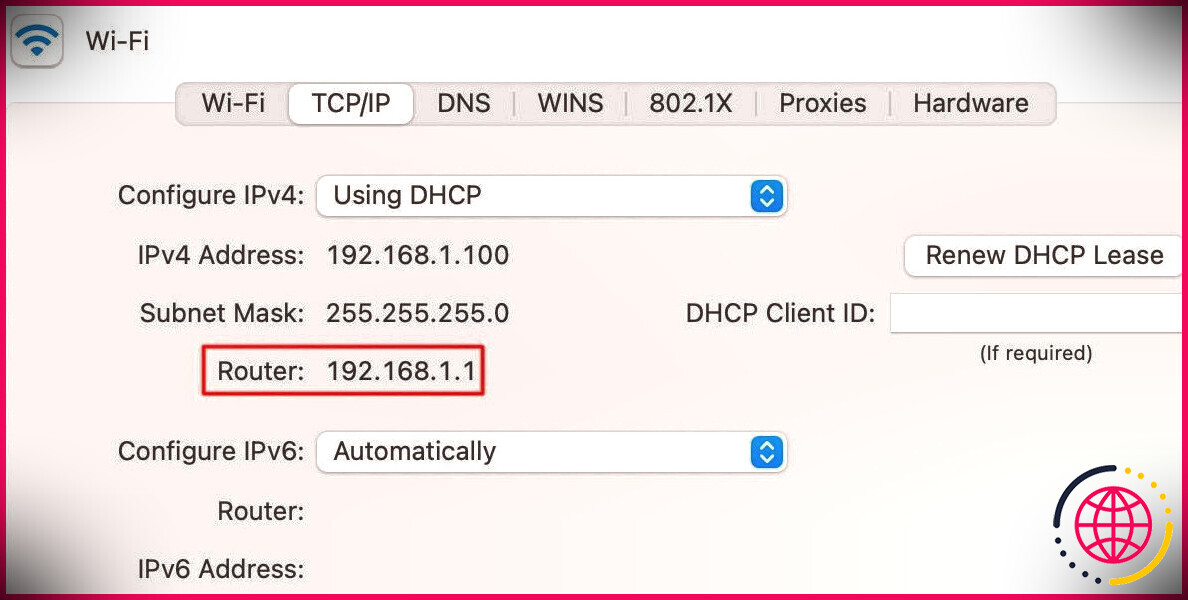 Préférences TCP/IP du réseau macOS avec l'IP du routeur en surbrillance