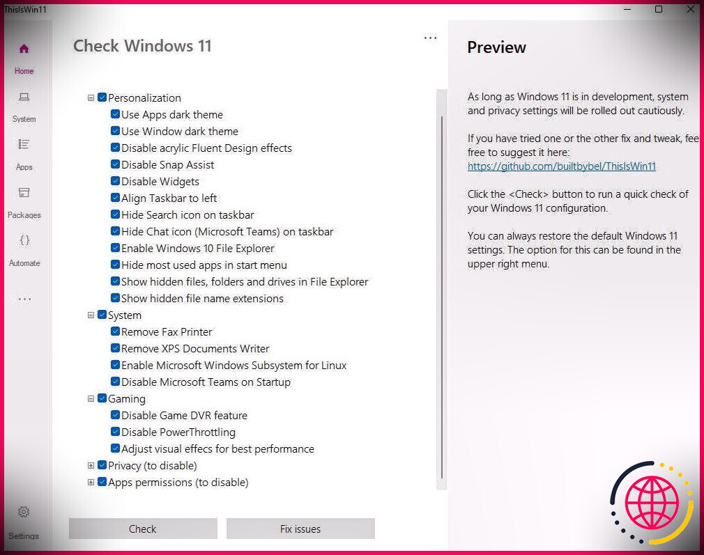 thisiswin11 vérifier les paramètres de Windows 11 et les options de déblocage