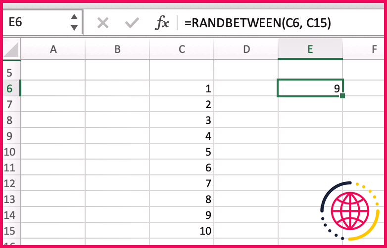Utilisation de la fonction RANDBETWEEN(C6, C15)