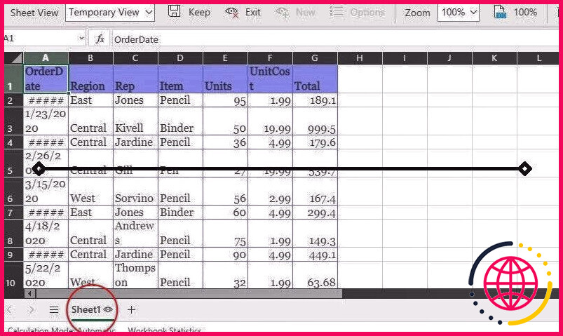 Vue temporaire de la feuille de calcul Excel affichant l'icône d'un œil à côté de l'onglet de la feuille actuelle