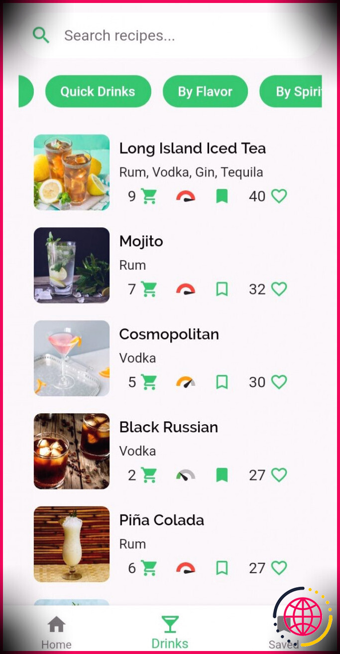 capture d'écran de la liste des cocktails de bricolage