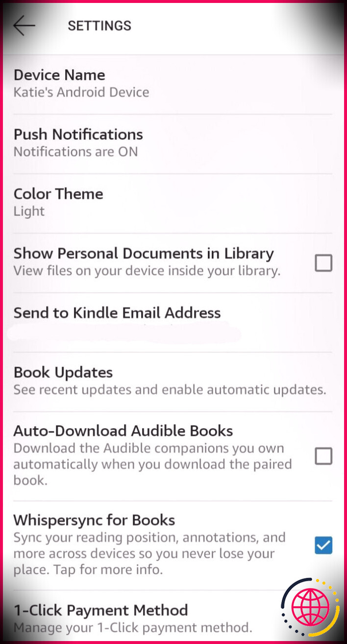 Capture d'écran des paramètres de l'application Kindle