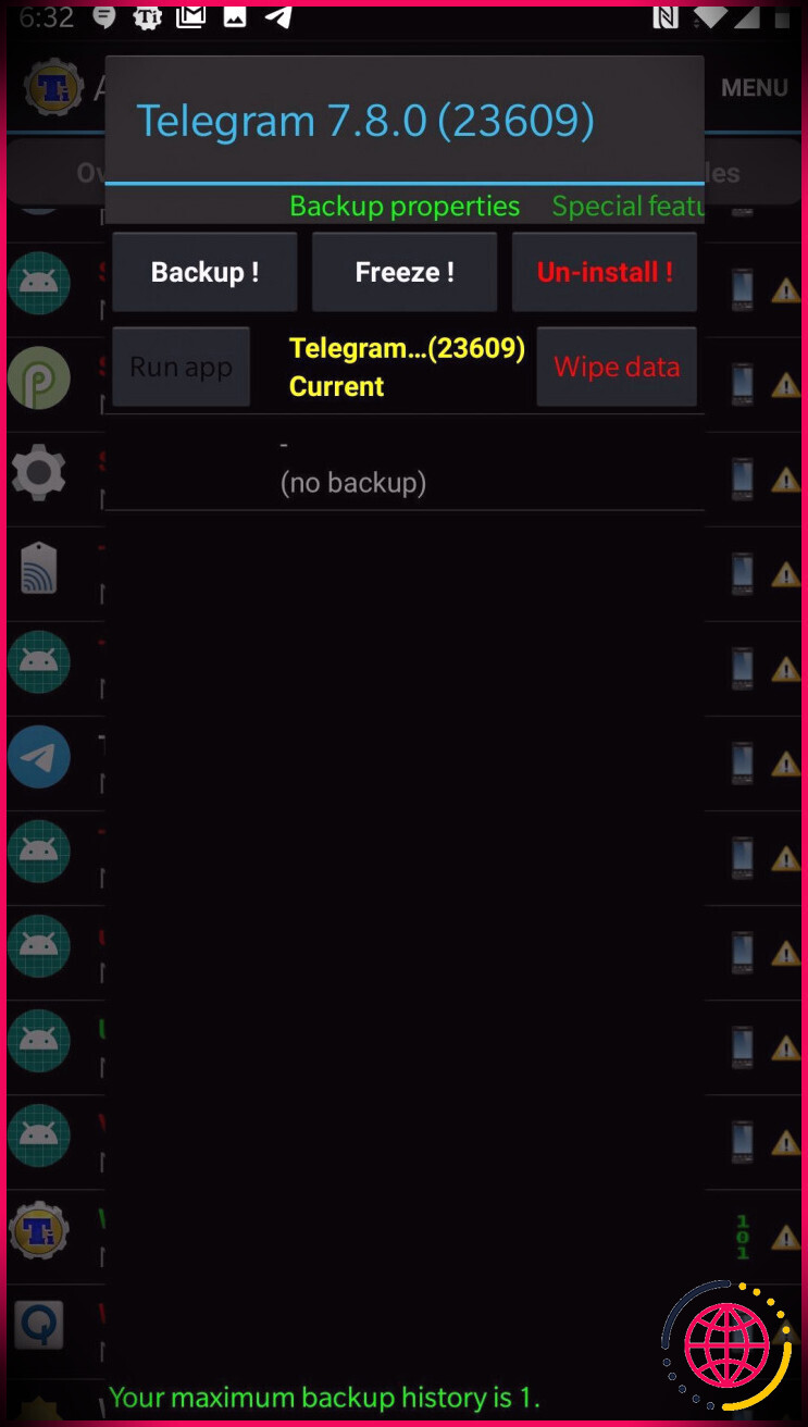 Capture d'écran du compte de sauvegarde Titanium Backup