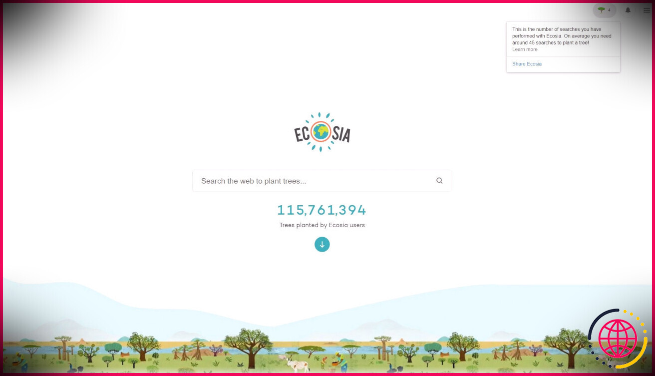 Interface de la page d'accueil d'Ecosia