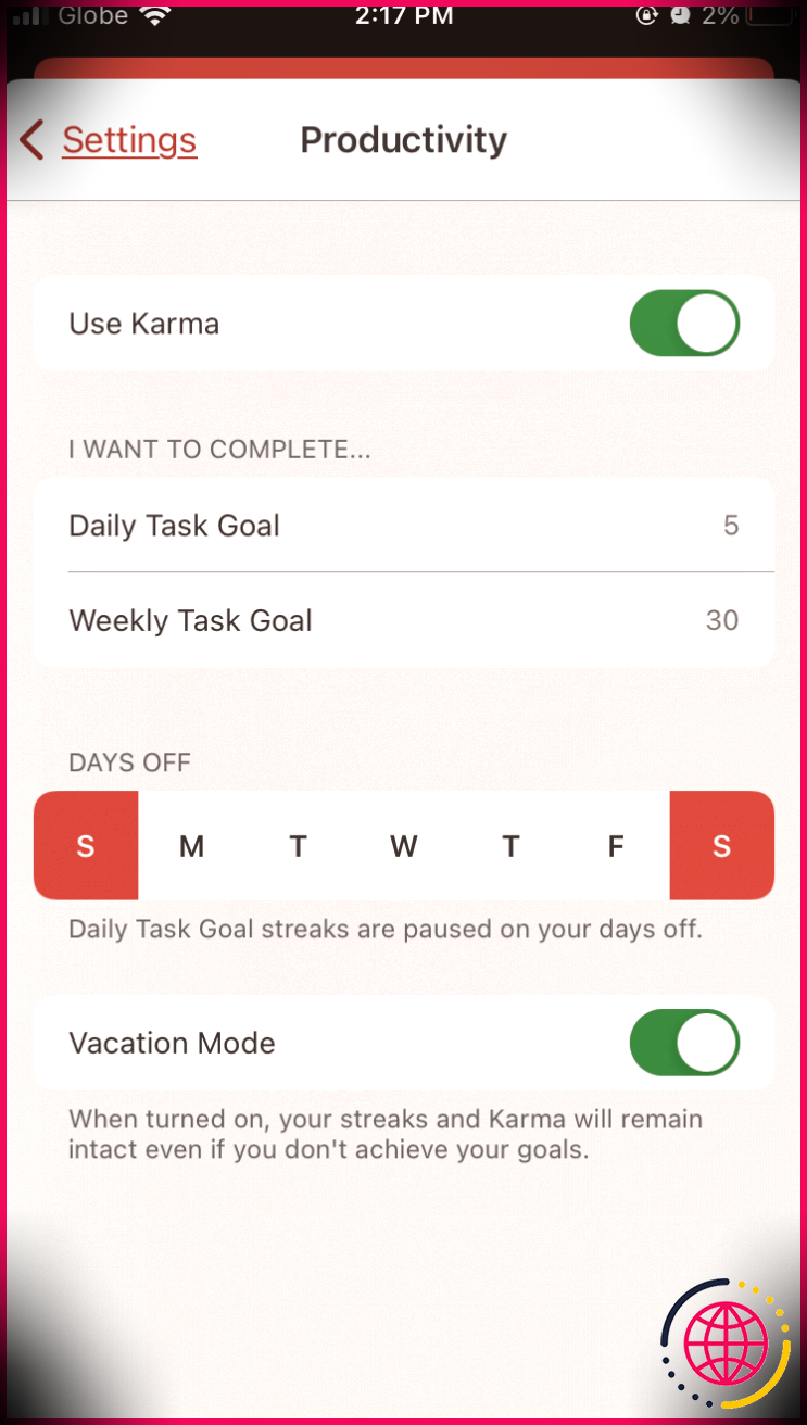 Section de productivité de l'application mobile de Todoist pour le mode vacances