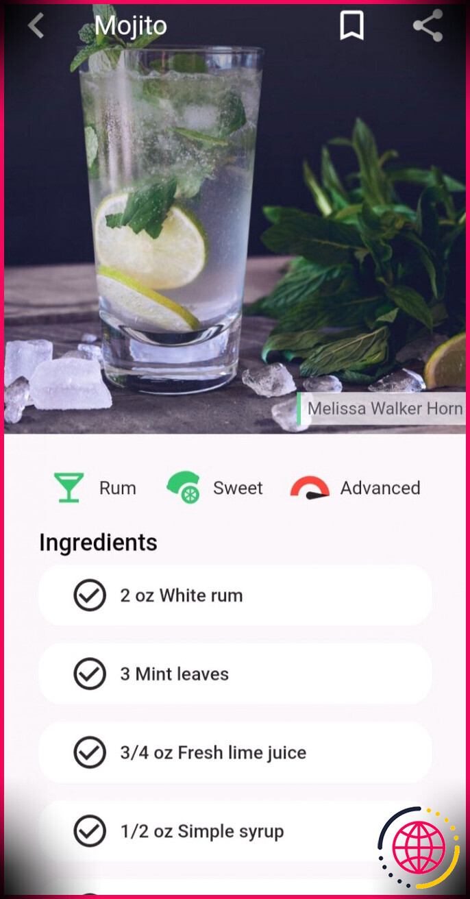 capture d'écran de recette de cocktail bricolage