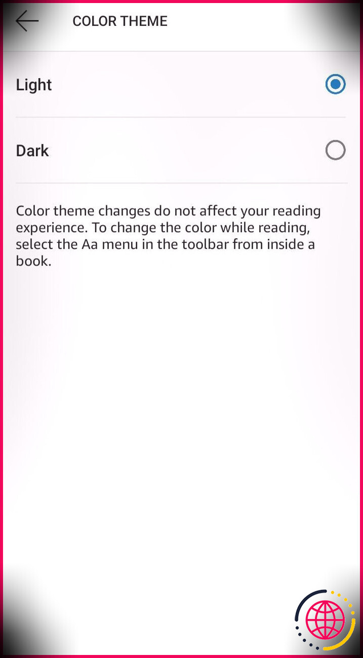Capture d'écran des paramètres du mode sombre de l'application Kindle