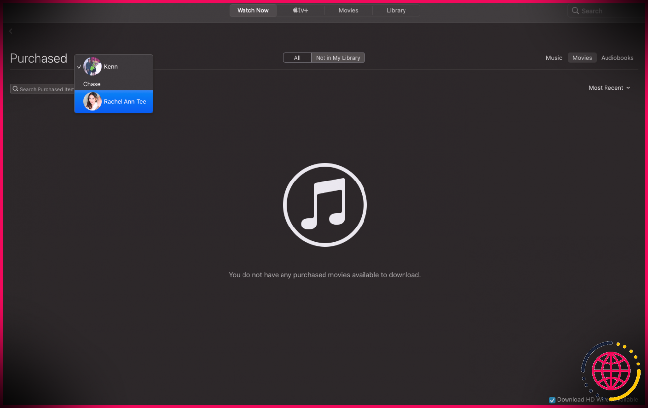 Capture d'écran Mac des membres ayant accès aux films achetés sur Apple TV