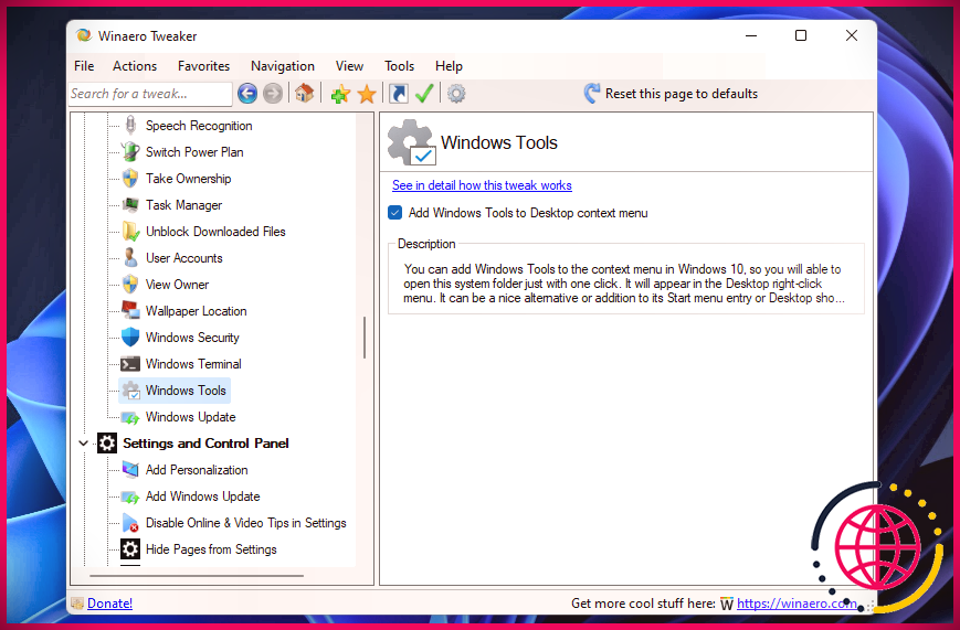 L'option Outils Windows dans Winaero Tweaker